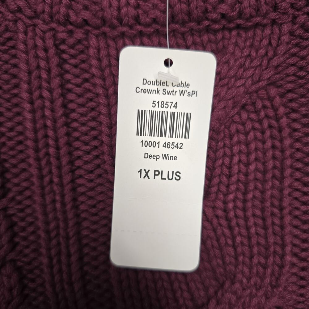 NWT LL Bean Double L Cable Crewneck Sweater Womens 1X Plus Deep Wine Fisherman - Picture 4 of 6